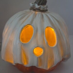White Ghost Pumpkin LED Lighted Halloween Decor Toil and Trouble 8" New